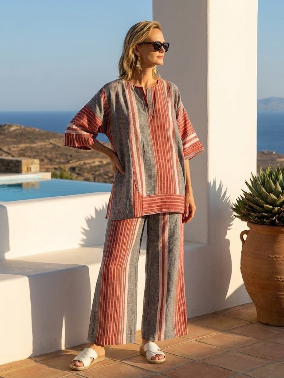 Women's Striped Wide Leg Pants Set Cotton Casual Two Piece
