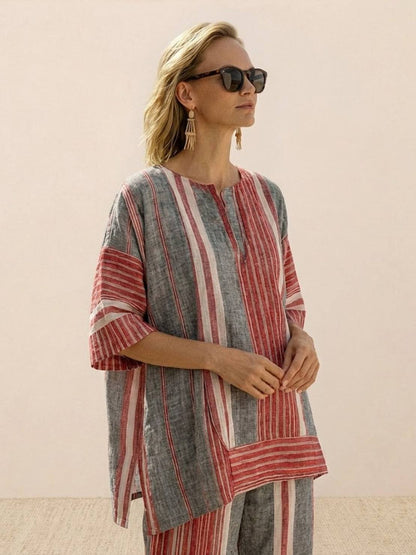 Women's Striped Wide Leg Pants Set Cotton Casual Two Piece