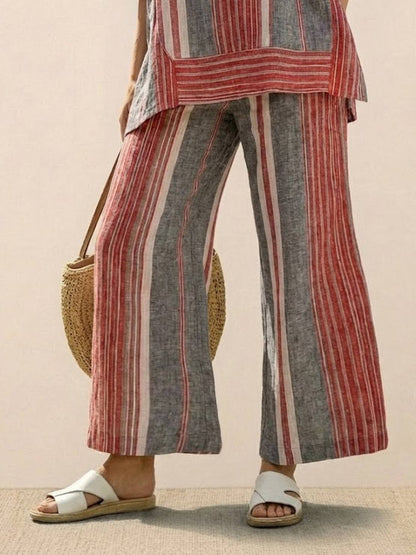 Women's Striped Wide Leg Pants Set Cotton Casual Two Piece