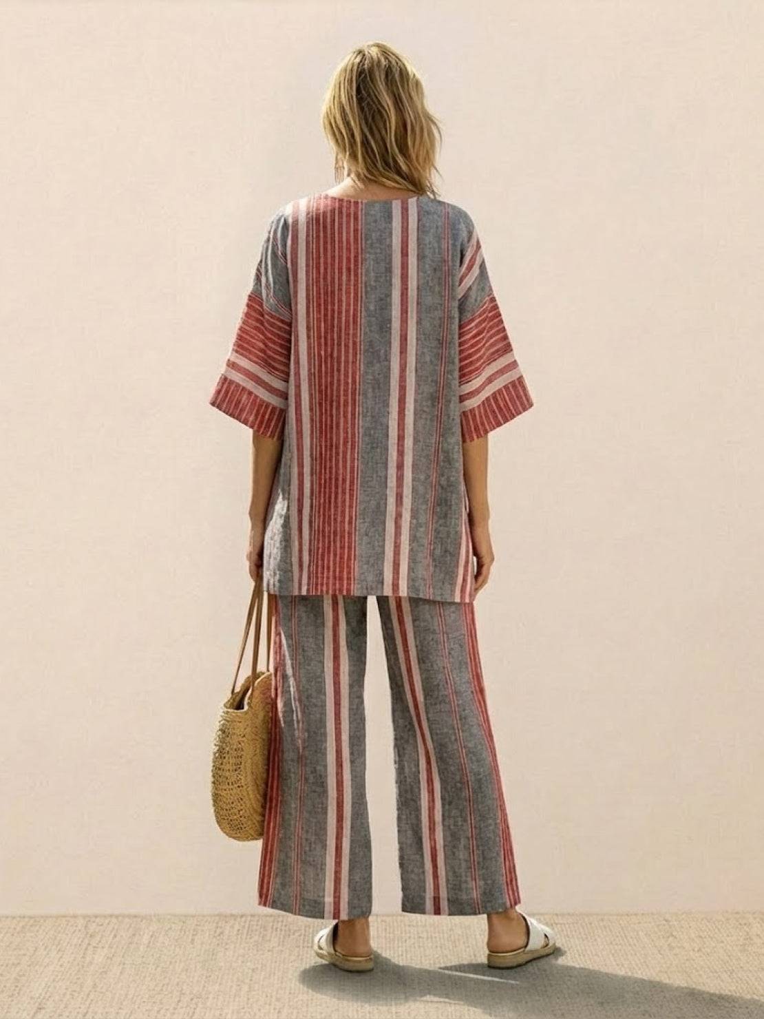 Women's Striped Wide Leg Pants Set Cotton Casual Two Piece