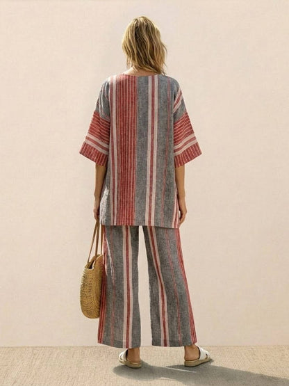 Women's Striped Wide Leg Pants Set Cotton Casual Two Piece