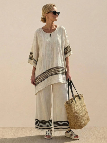 Women's Striped Wide Leg Pants Set Cotton Casual Two Piece