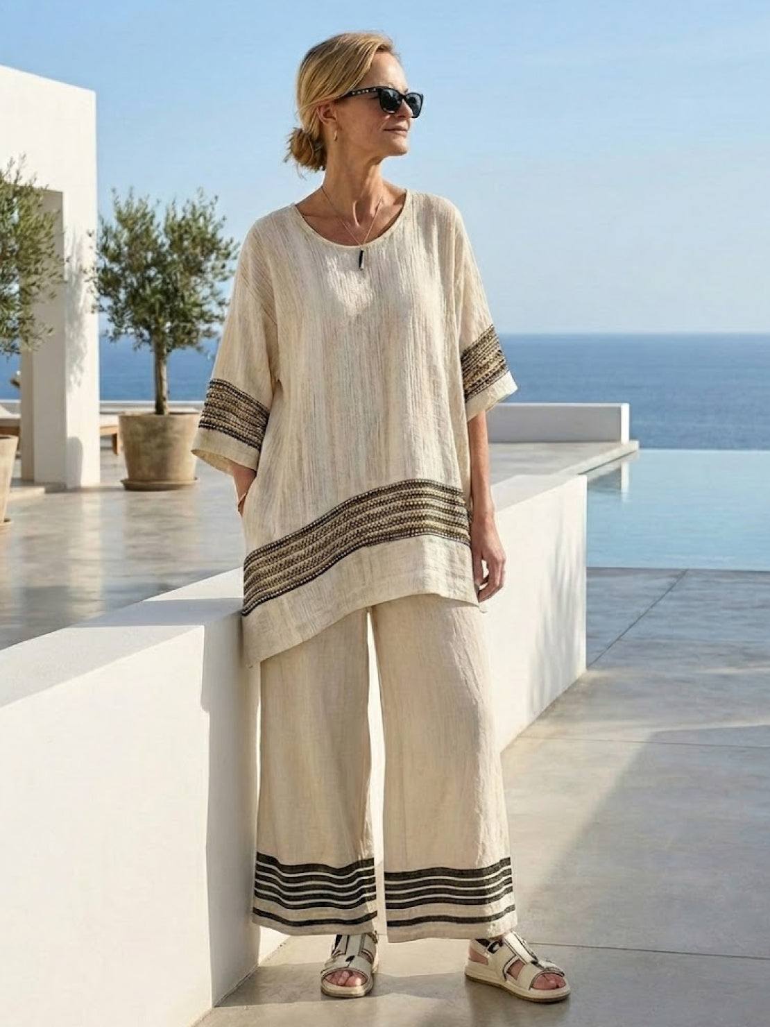 Women's Striped Wide Leg Pants Set Cotton Casual Two Piece
