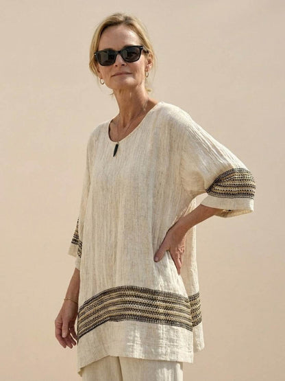 Women's Striped Wide Leg Pants Set Cotton Casual Two Piece