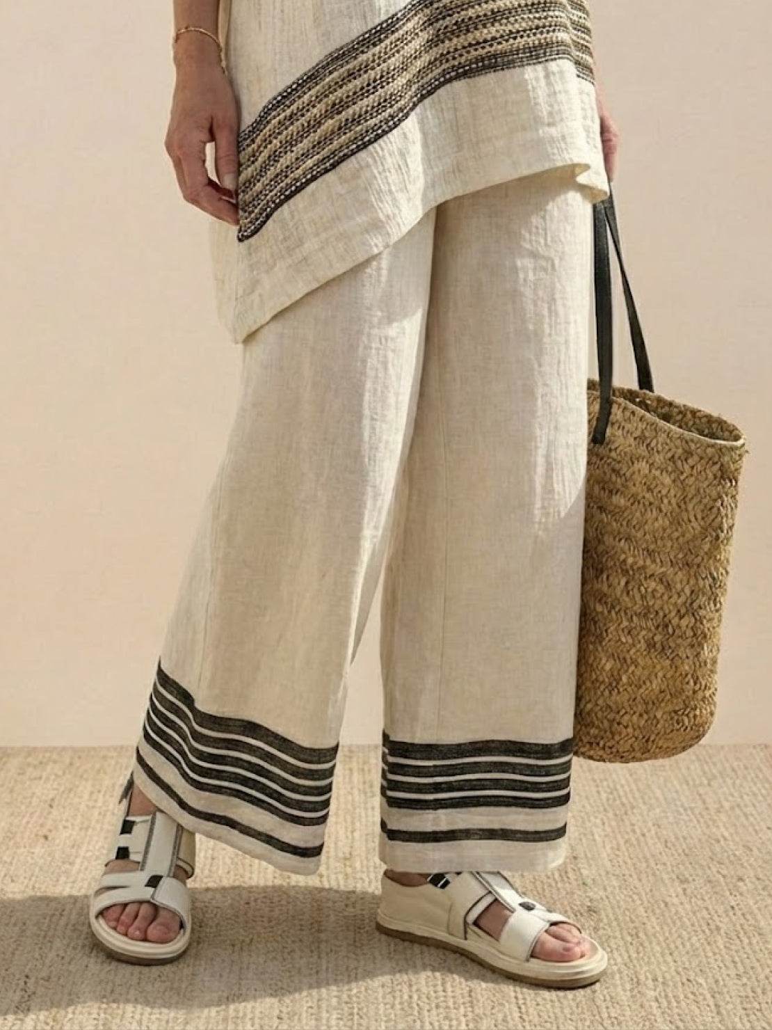 Women's Striped Wide Leg Pants Set Cotton Casual Two Piece