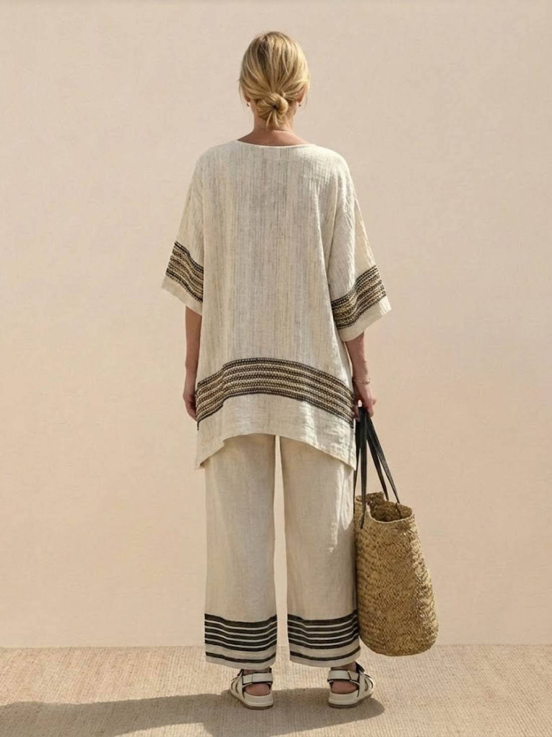 Women's Striped Wide Leg Pants Set Cotton Casual Two Piece