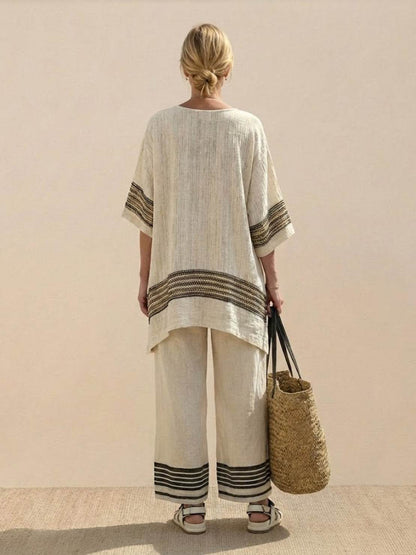 Women's Striped Wide Leg Pants Set Cotton Casual Two Piece