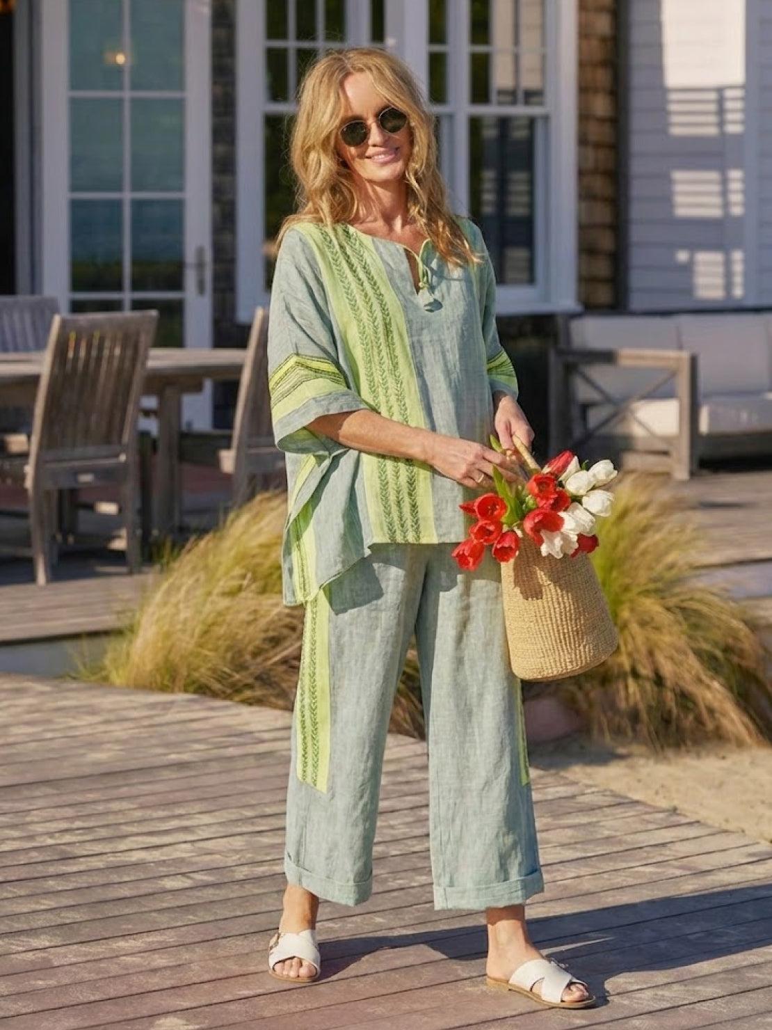Women's Striped Wide Leg Pants Set Cotton Casual Two Piece