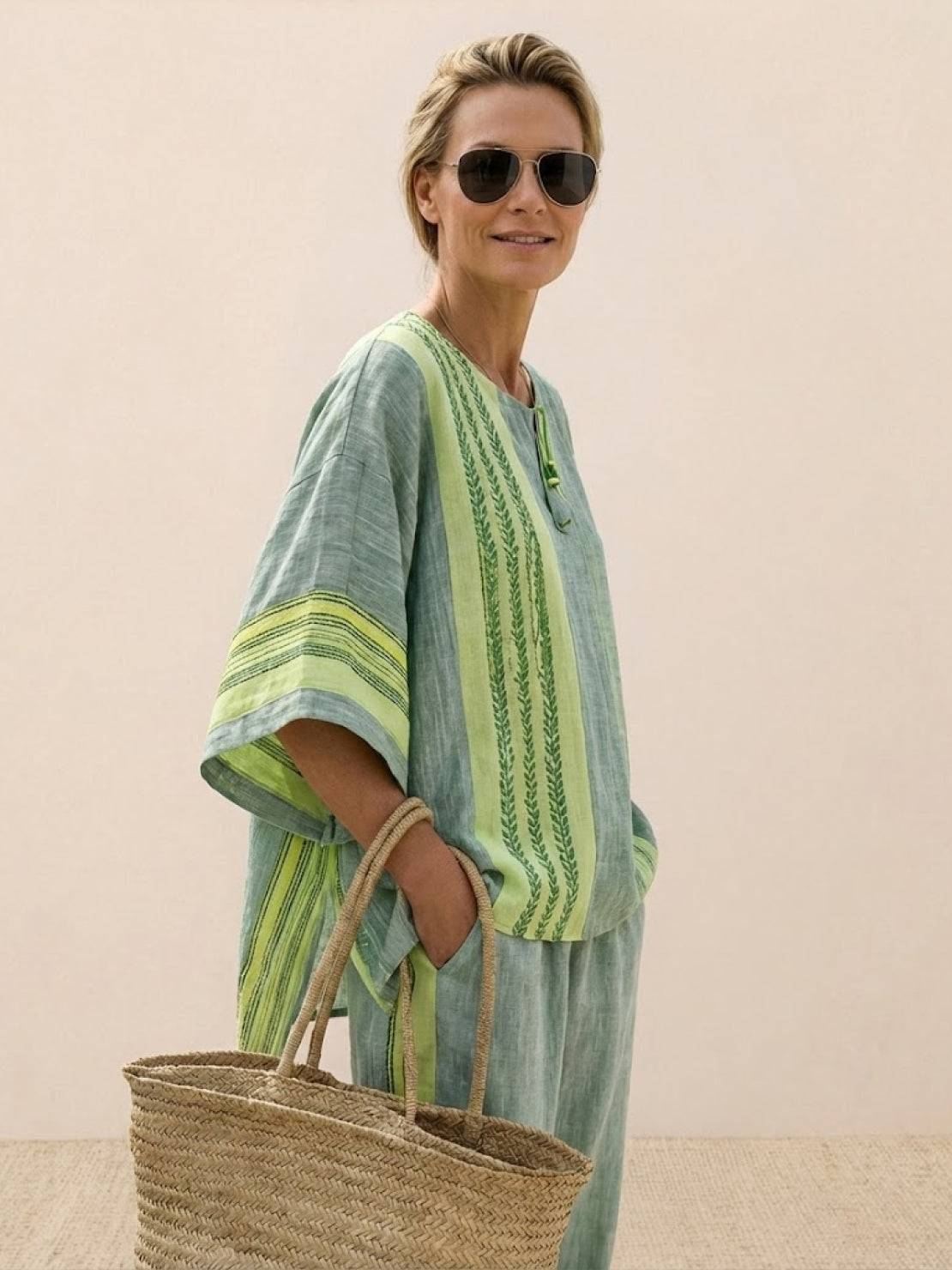 Women's Striped Wide Leg Pants Set Cotton Casual Two Piece