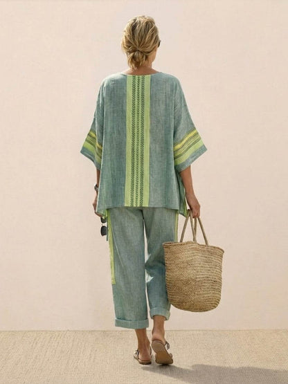 Women's Striped Wide Leg Pants Set Cotton Casual Two Piece