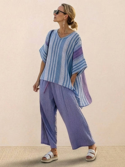 Women's Striped Wide Leg Pants Set Cotton Casual Two Piece