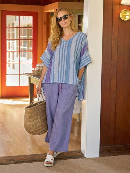 Women's Striped Wide Leg Pants Set Cotton Casual Two Piece