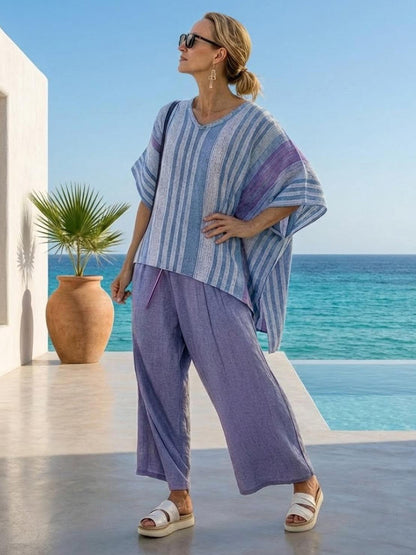 Women's Striped Wide Leg Pants Set Cotton Casual Two Piece