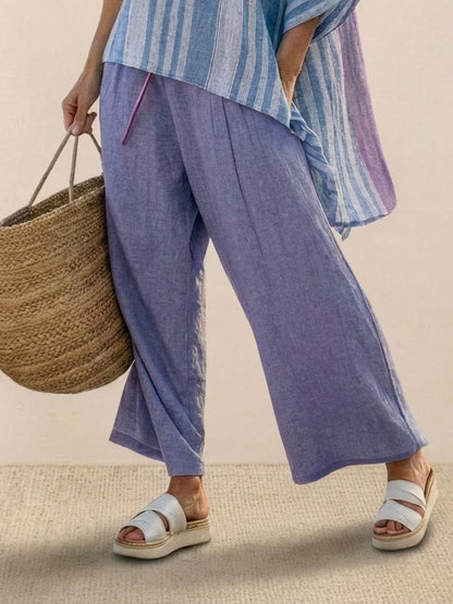 Women's Striped Wide Leg Pants Set Cotton Casual Two Piece