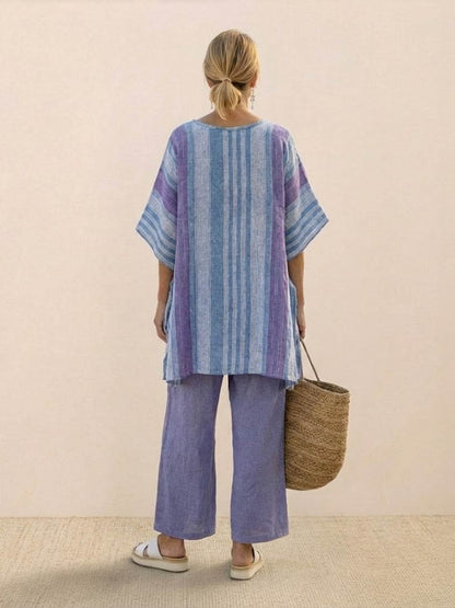 Women's Striped Wide Leg Pants Set Cotton Casual Two Piece