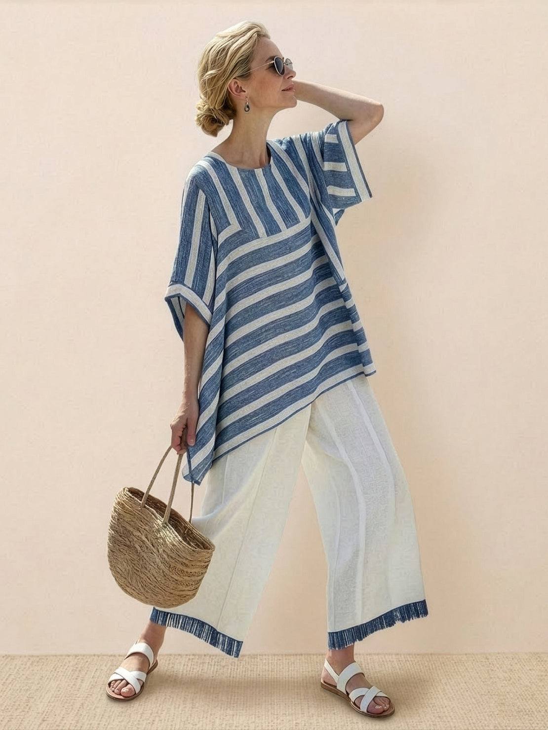 Women's Striped Wide Leg Pants Set Cotton Casual Two Piece