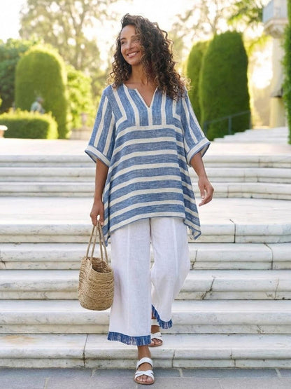 Women's Striped Wide Leg Pants Set Cotton Casual Two Piece