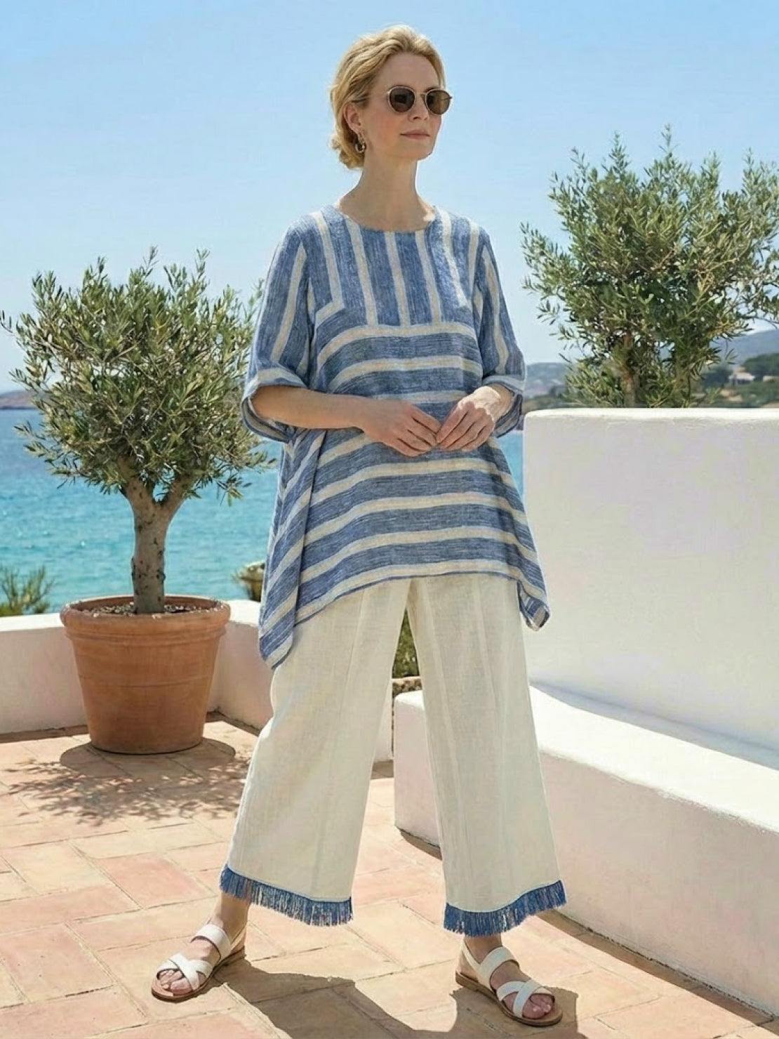 Women's Striped Wide Leg Pants Set Cotton Casual Two Piece