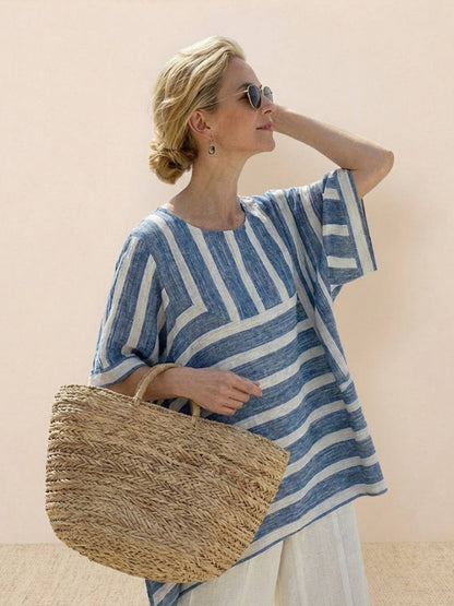 Women's Striped Wide Leg Pants Set Cotton Casual Two Piece