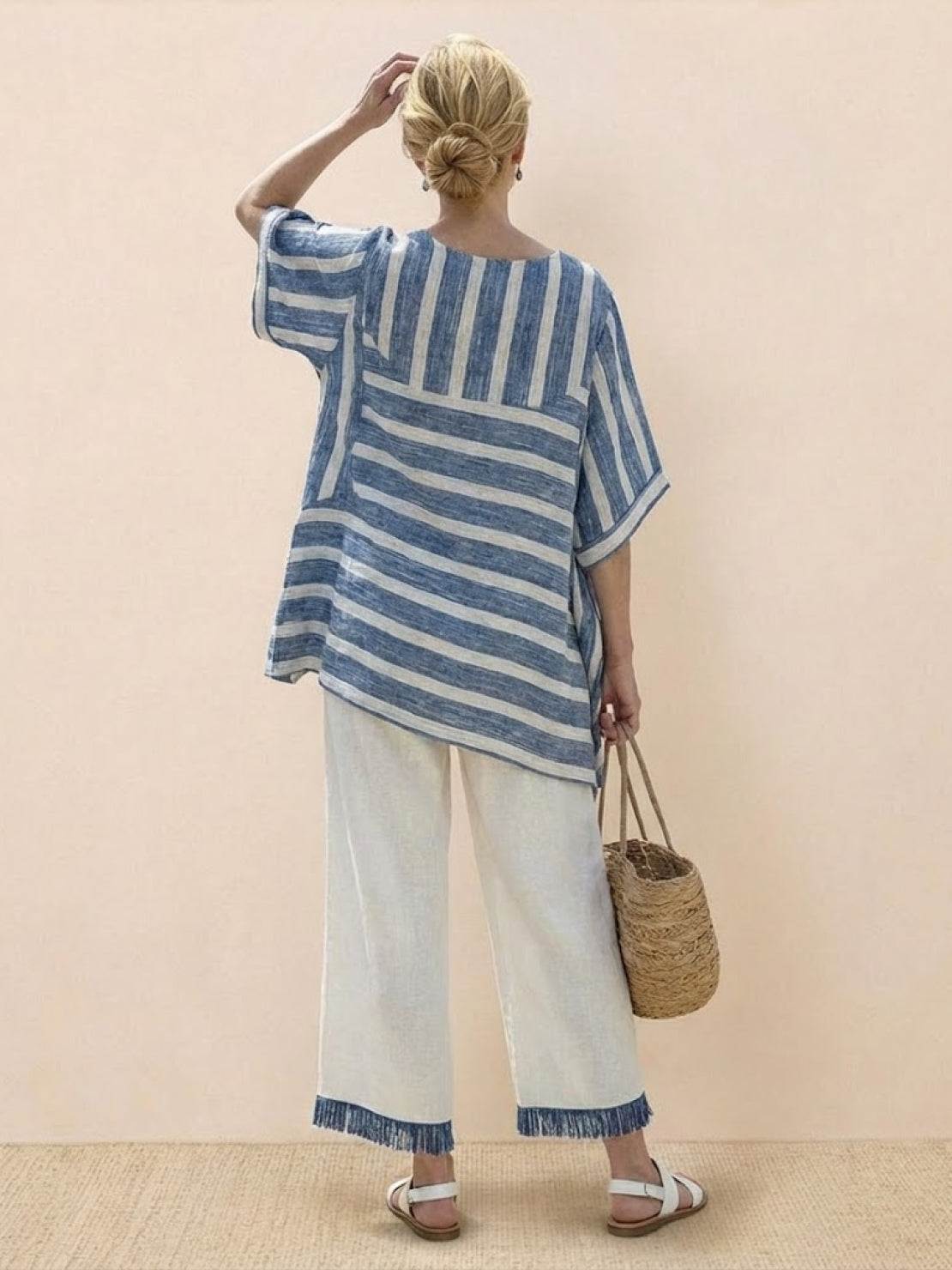 Women's Striped Wide Leg Pants Set Cotton Casual Two Piece