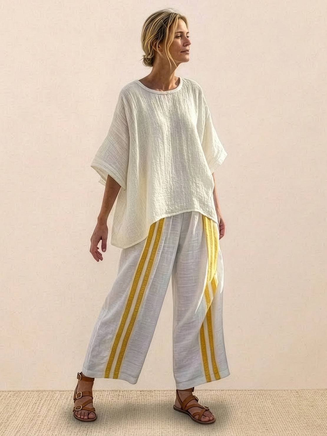 Women's Striped Wide Leg Pants Set Cotton Casual Two Piece