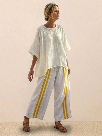 Women's Striped Wide Leg Pants Set Cotton Casual Two Piece