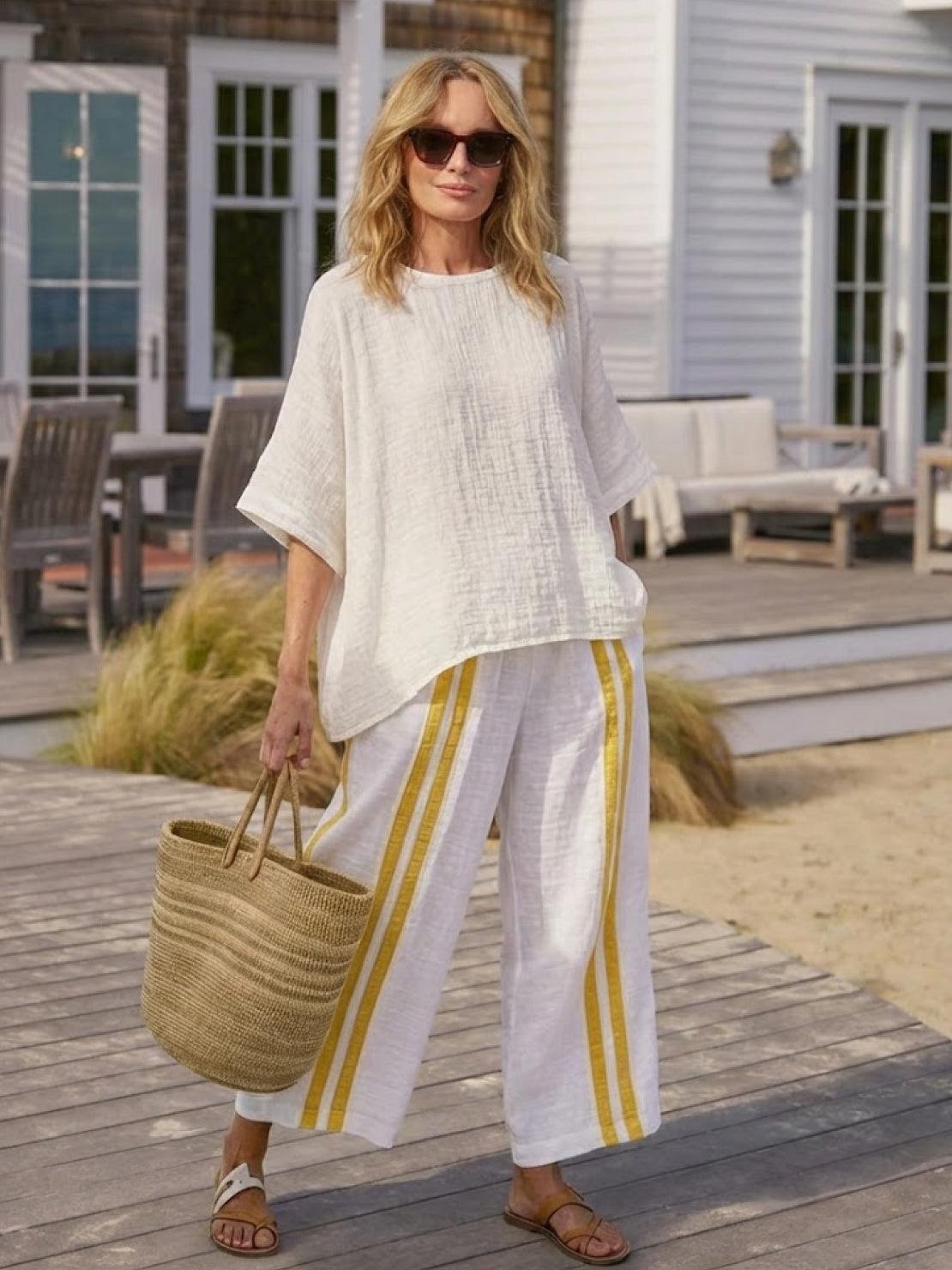 Women's Striped Wide Leg Pants Set Cotton Casual Two Piece