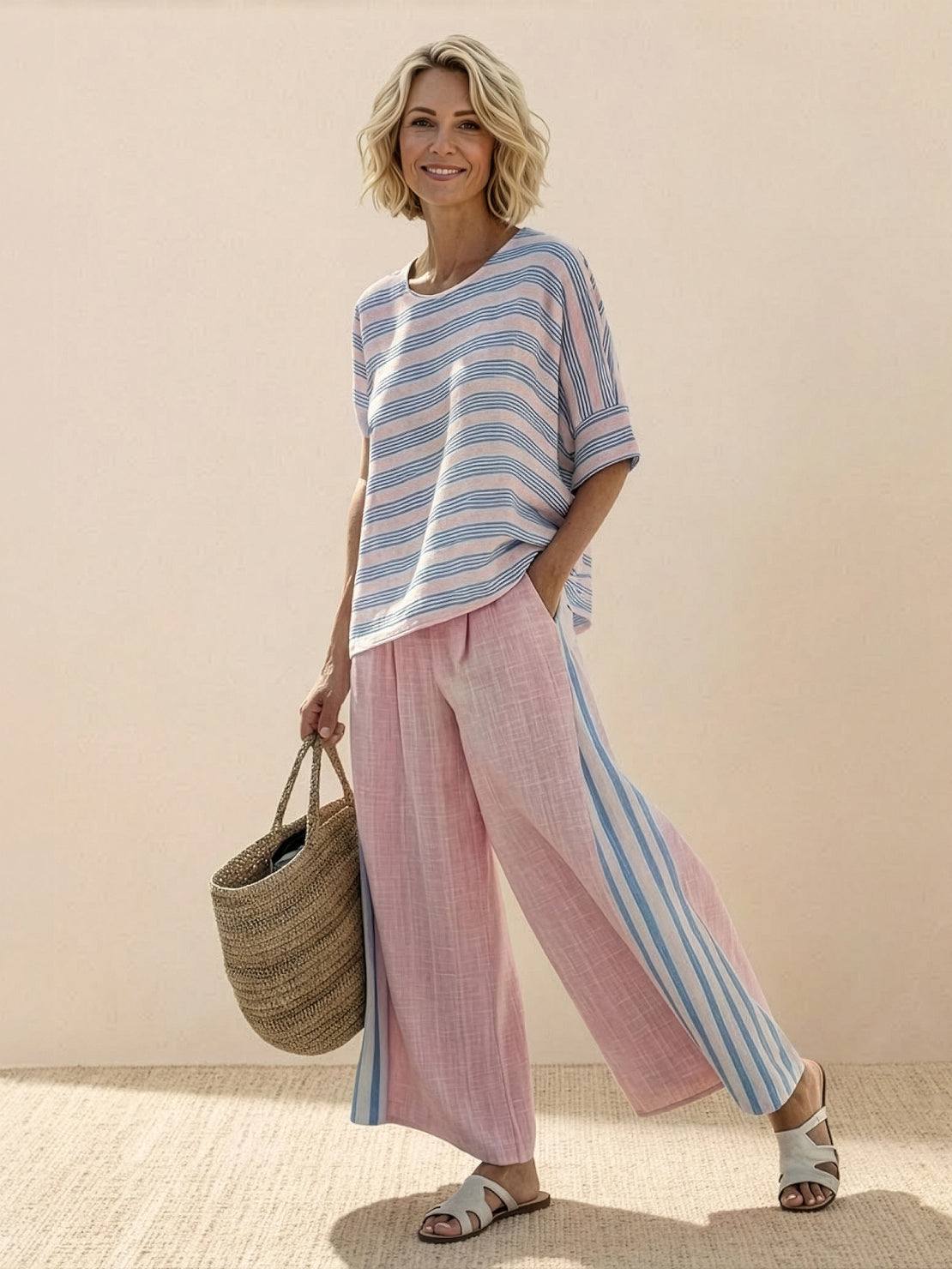 Women's Striped Wide Leg Pants Set Cotton Casual Two Piece