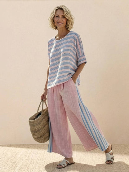 Women's Striped Wide Leg Pants Set Cotton Casual Two Piece