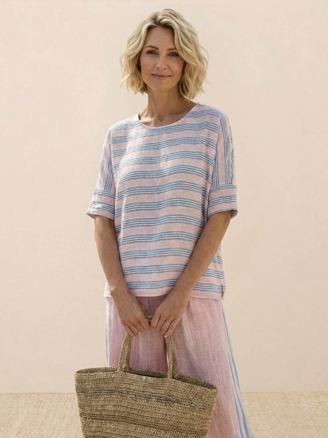 Women's Striped Wide Leg Pants Set Cotton Casual Two Piece