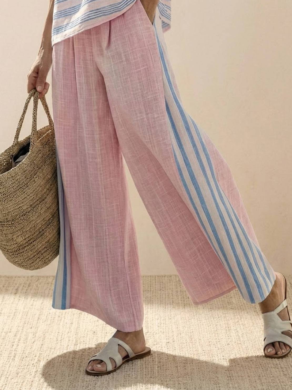 Women's Striped Wide Leg Pants Set Cotton Casual Two Piece