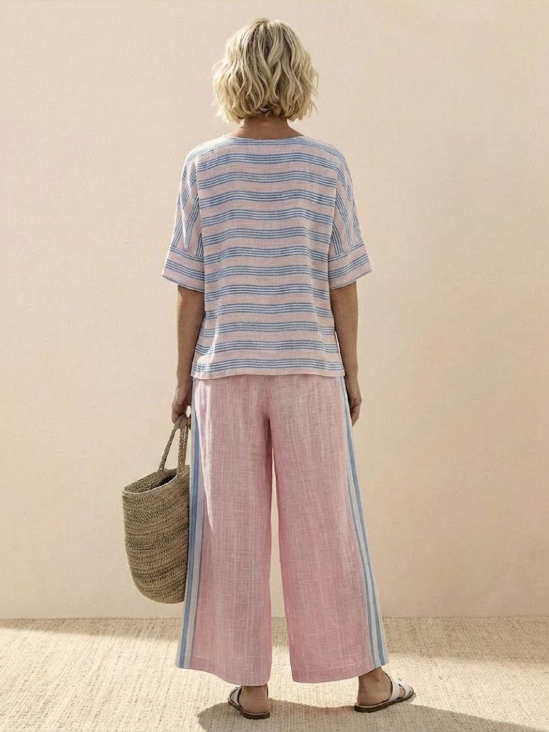 Women's Striped Wide Leg Pants Set Cotton Casual Two Piece