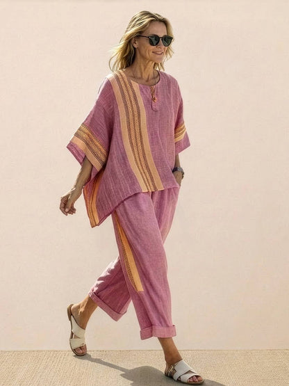 Women's Striped Wide Leg Pants Set Cotton Casual Two Piece