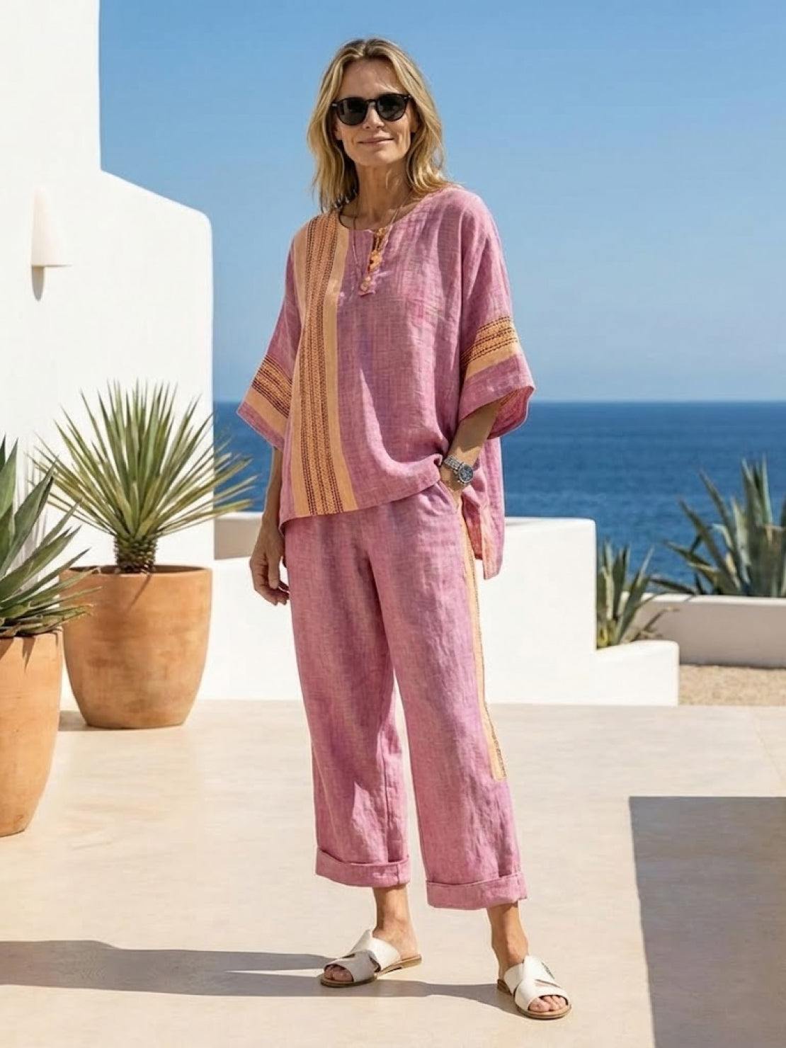 Women's Striped Wide Leg Pants Set Cotton Casual Two Piece