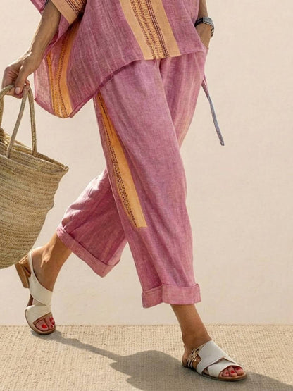 Women's Striped Wide Leg Pants Set Cotton Casual Two Piece