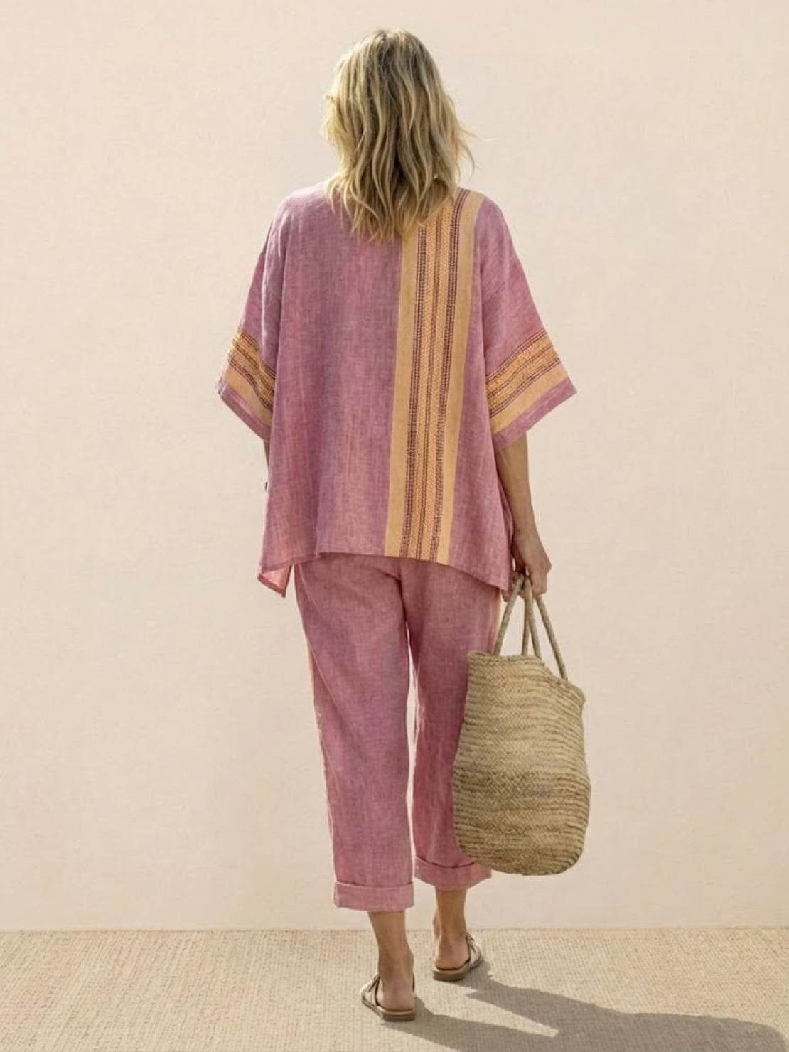 Women's Striped Wide Leg Pants Set Cotton Casual Two Piece
