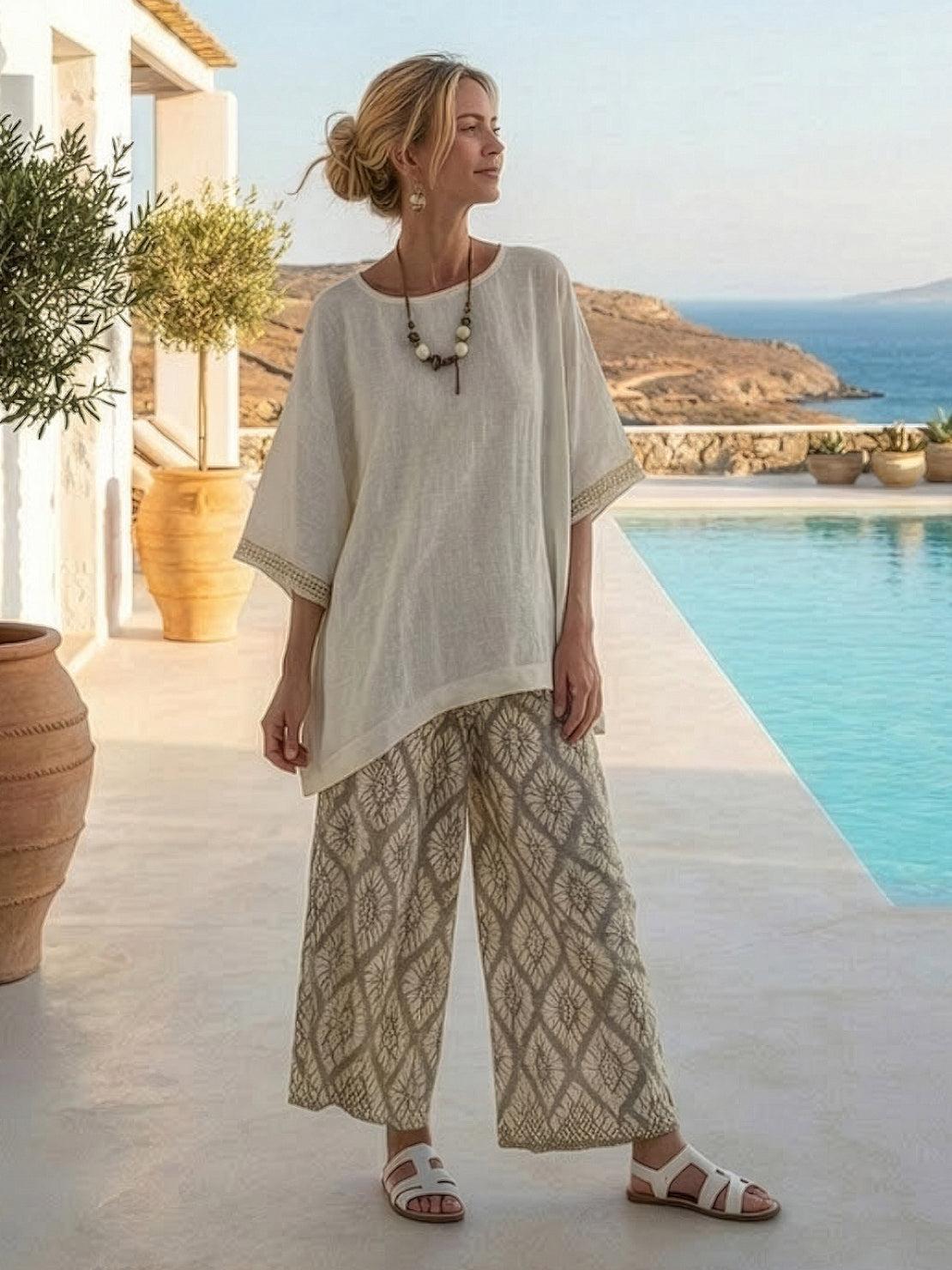 Women's Striped Wide Leg Pants Set Cotton Casual Two Piece