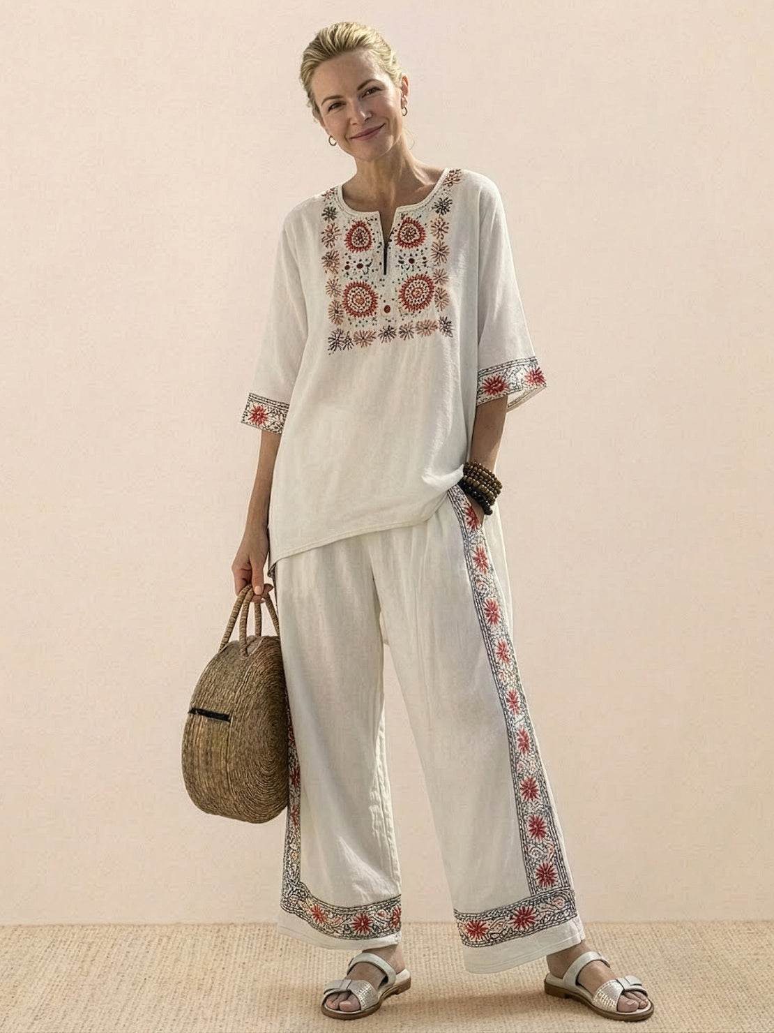 Women's Striped Wide Leg Pants Set Cotton Casual Two Piece
