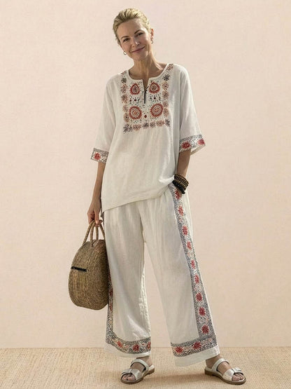Women's Striped Wide Leg Pants Set Cotton Casual Two Piece