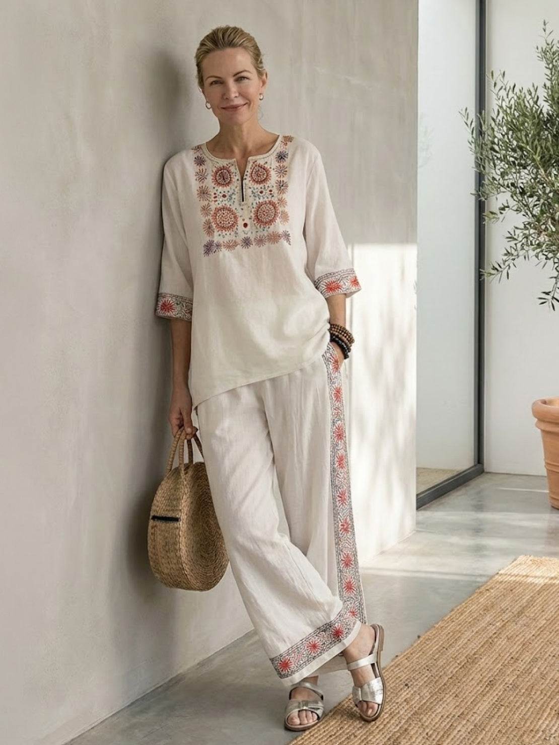 Women's Striped Wide Leg Pants Set Cotton Casual Two Piece