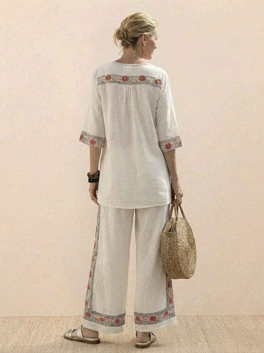 Women's Striped Wide Leg Pants Set Cotton Casual Two Piece