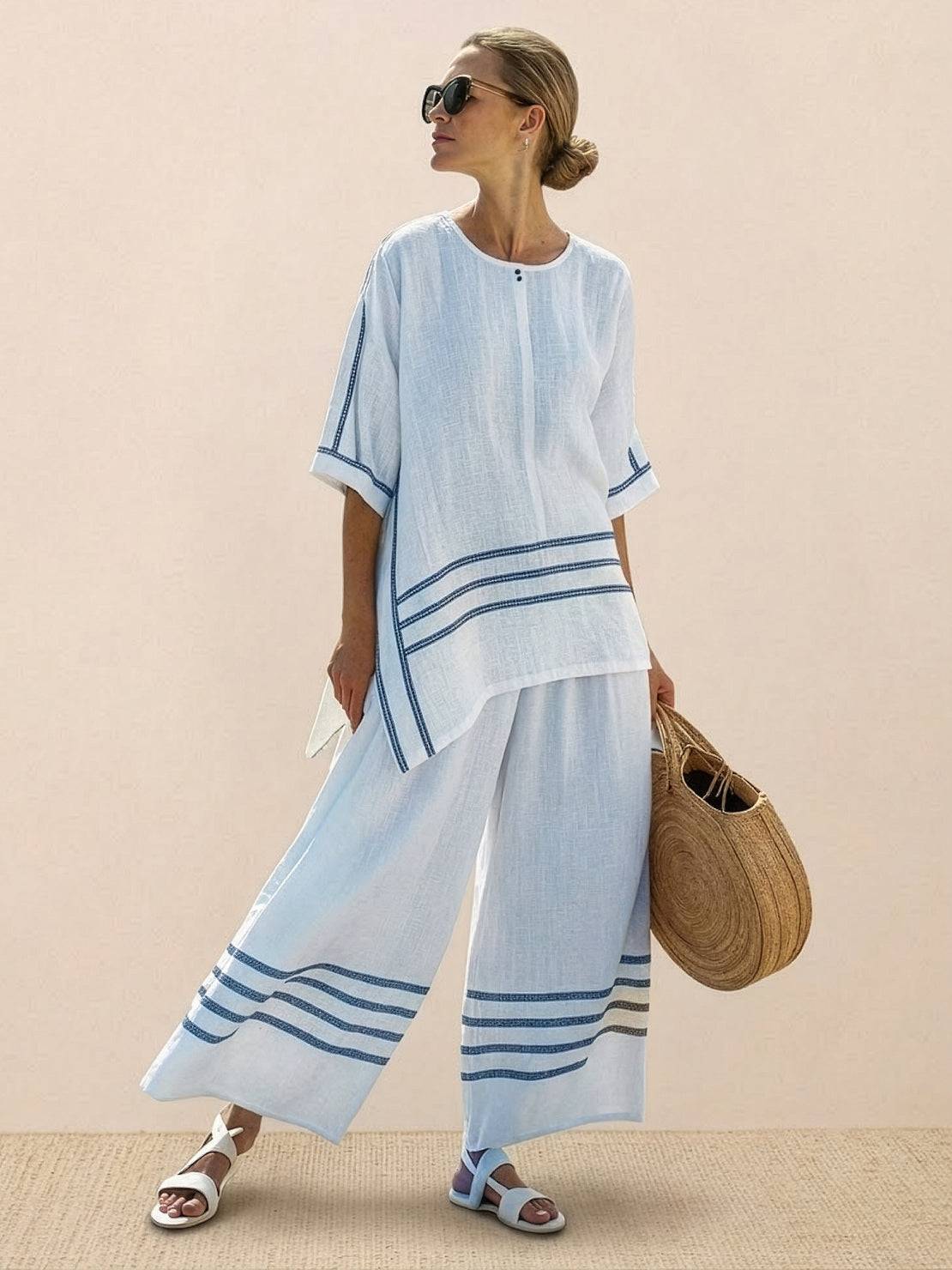Women's Striped Wide Leg Pants Set Cotton Casual Two Piece