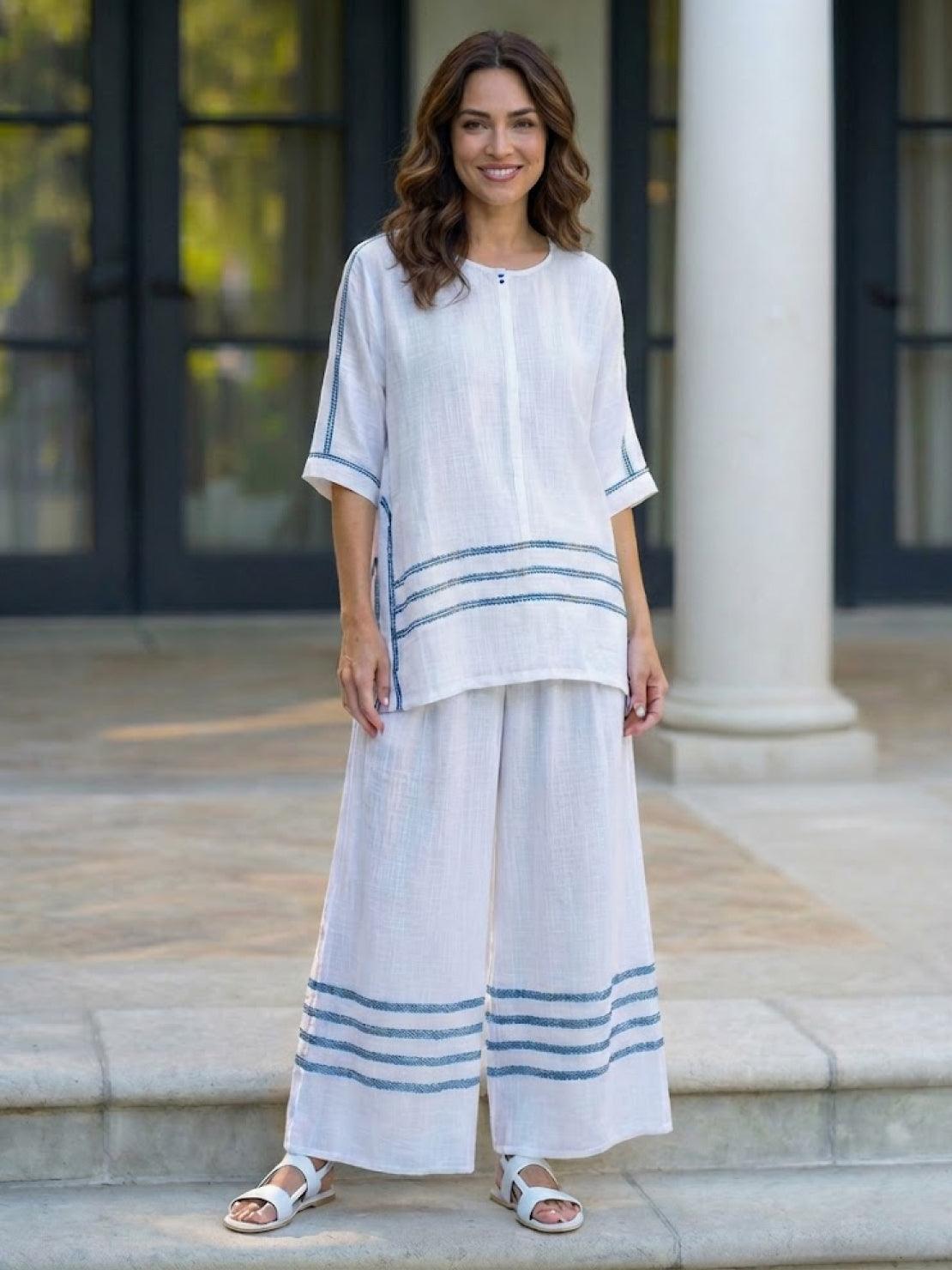 Women's Striped Wide Leg Pants Set Cotton Casual Two Piece