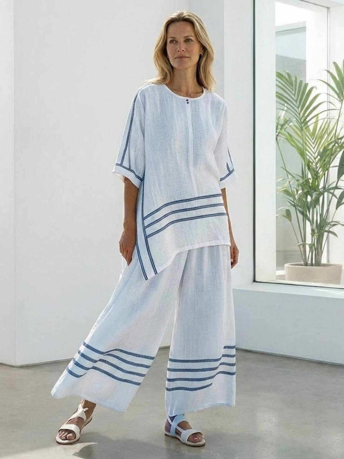 Women's Striped Wide Leg Pants Set Cotton Casual Two Piece