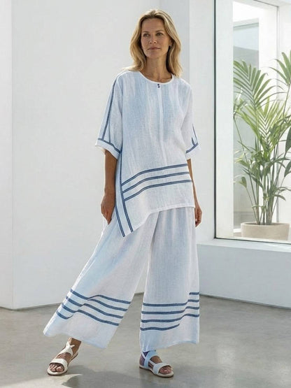 Women's Striped Wide Leg Pants Set Cotton Casual Two Piece