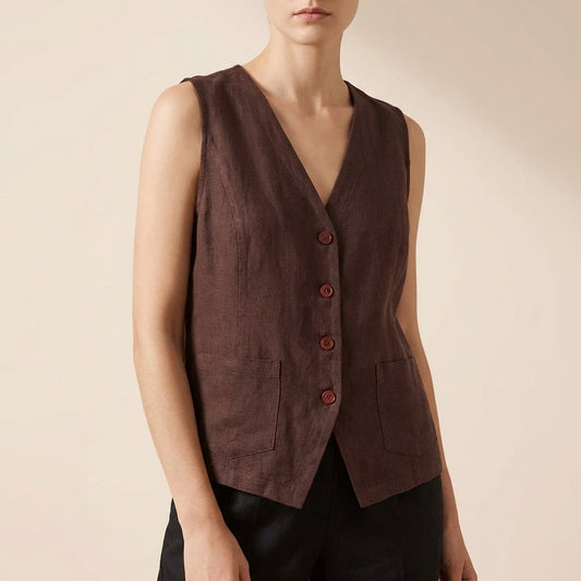 Women's Relaxed Fit Vest Cotton Contrast Trim Patch Pockets - Vonnera