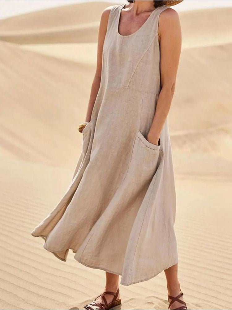 Women's Sleeveless Maxi Dress Scoop Neck With Pockets - Vonnera