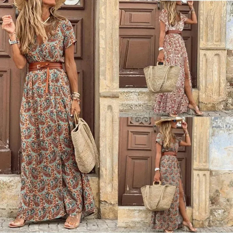 Women's V-Neck Belted Maxi Dress - Vonnera