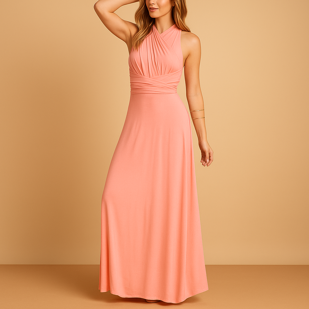 Women’s convertible multiway dress with adjustable top and versatile styling options, perfect for weddings, parties, and formal occasions.