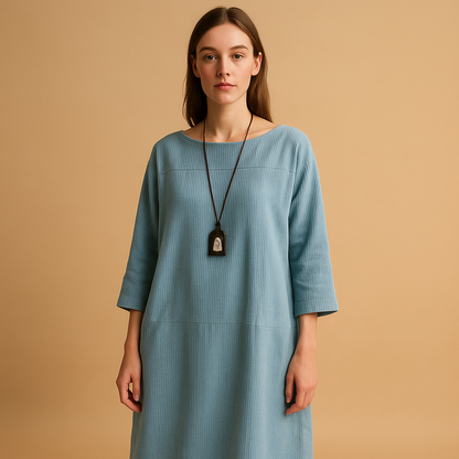 Women’s corduroy knee length summer dress with short sleeves and comfortable fit, perfect for warm days, casual outings, and everyday summer wear.